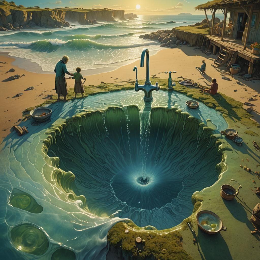 Beach Scene in Kitchen Sink, Detailed Matte Painting
