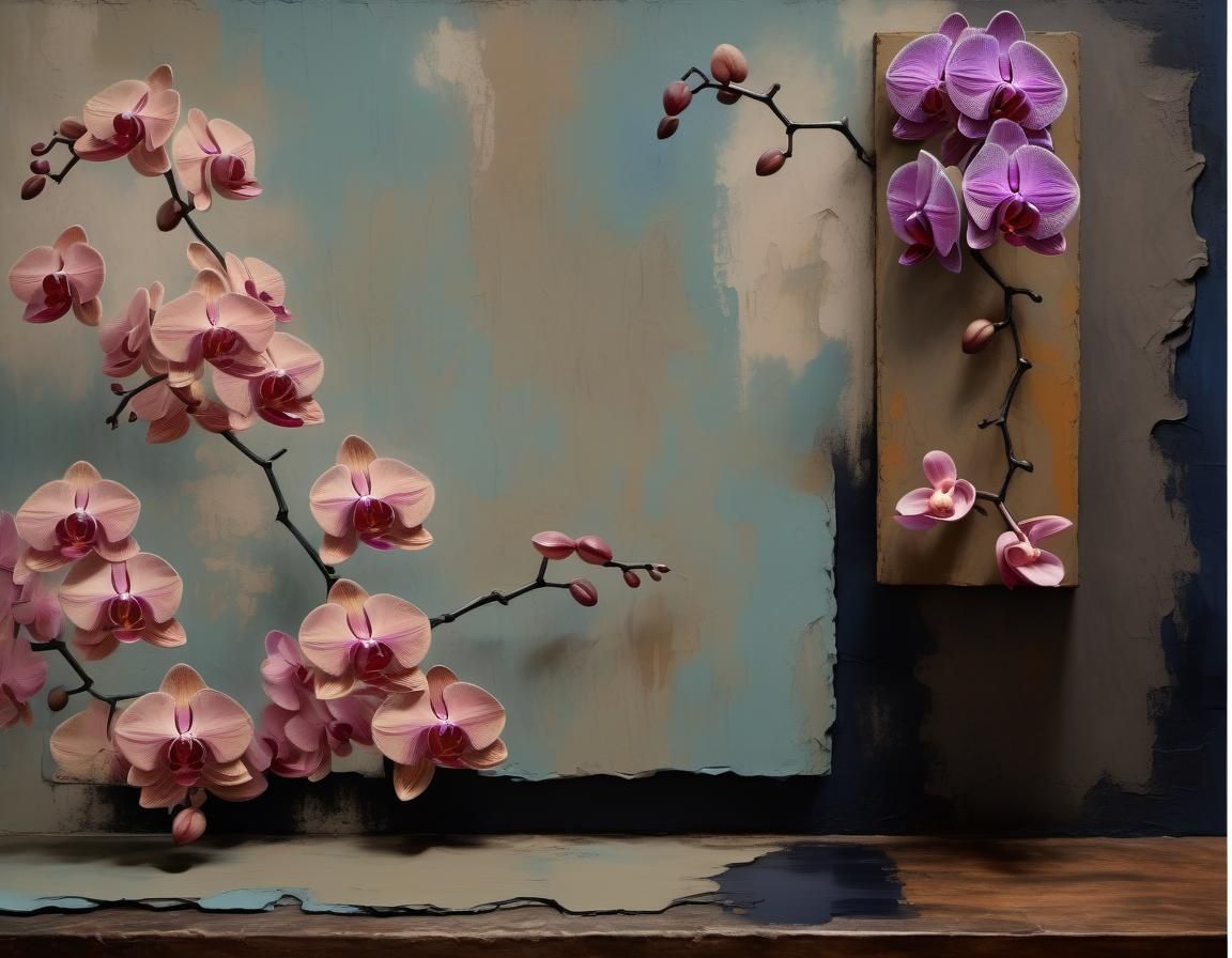 Thick slate blue and tan textured stucco wall with a dark wo...