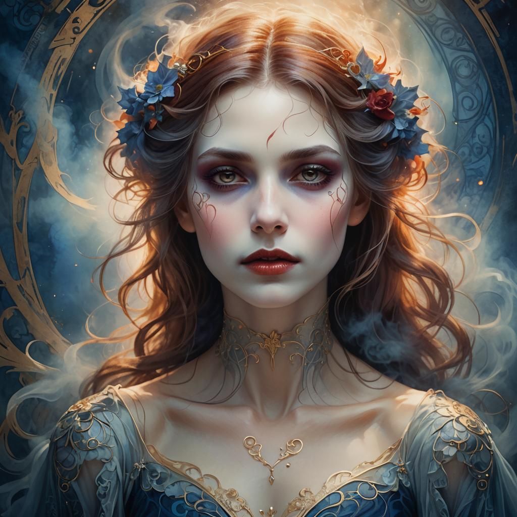 Ethereal Vampire Portrait in Art Nouveau Style