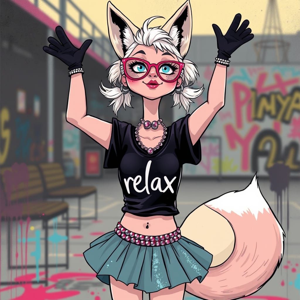 Punk Fox Silhouette in Handstand, Comic Cartoon Style