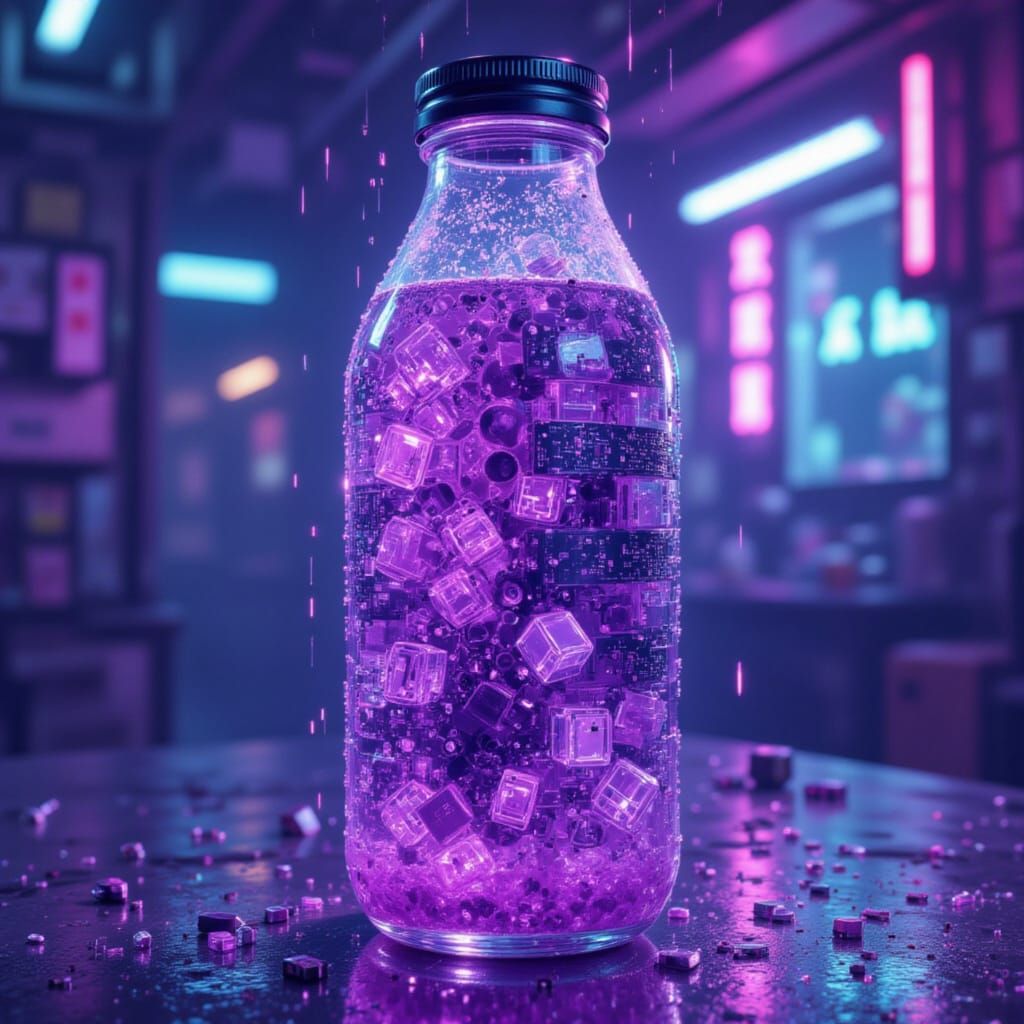  <lora:Cyberpunk Style:1.2>

The Glitch-Phase Soda

Visual: A cold, condensation-covered bottle containing a liquid that shifts between stat...