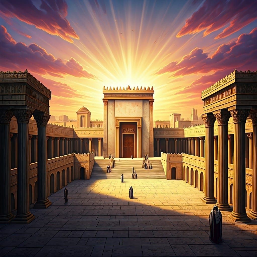 Ancient Jewish Temple Illuminated in Golden Light