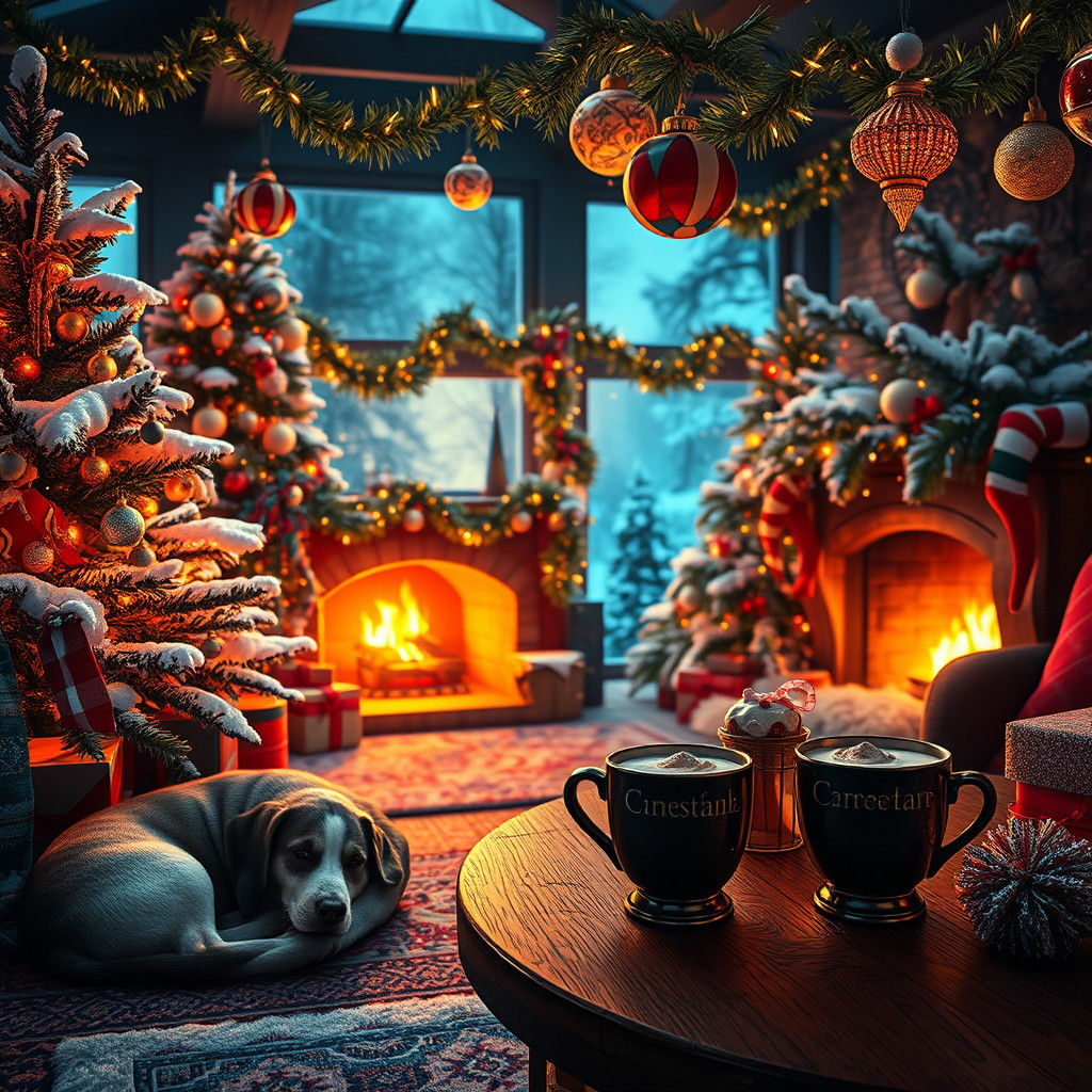 Festivas fiestas navideñas, acogedor ambiente invernal, árboles de Navidad decorados, luces cálidas, un perro dormido en la alfombra, tazas...