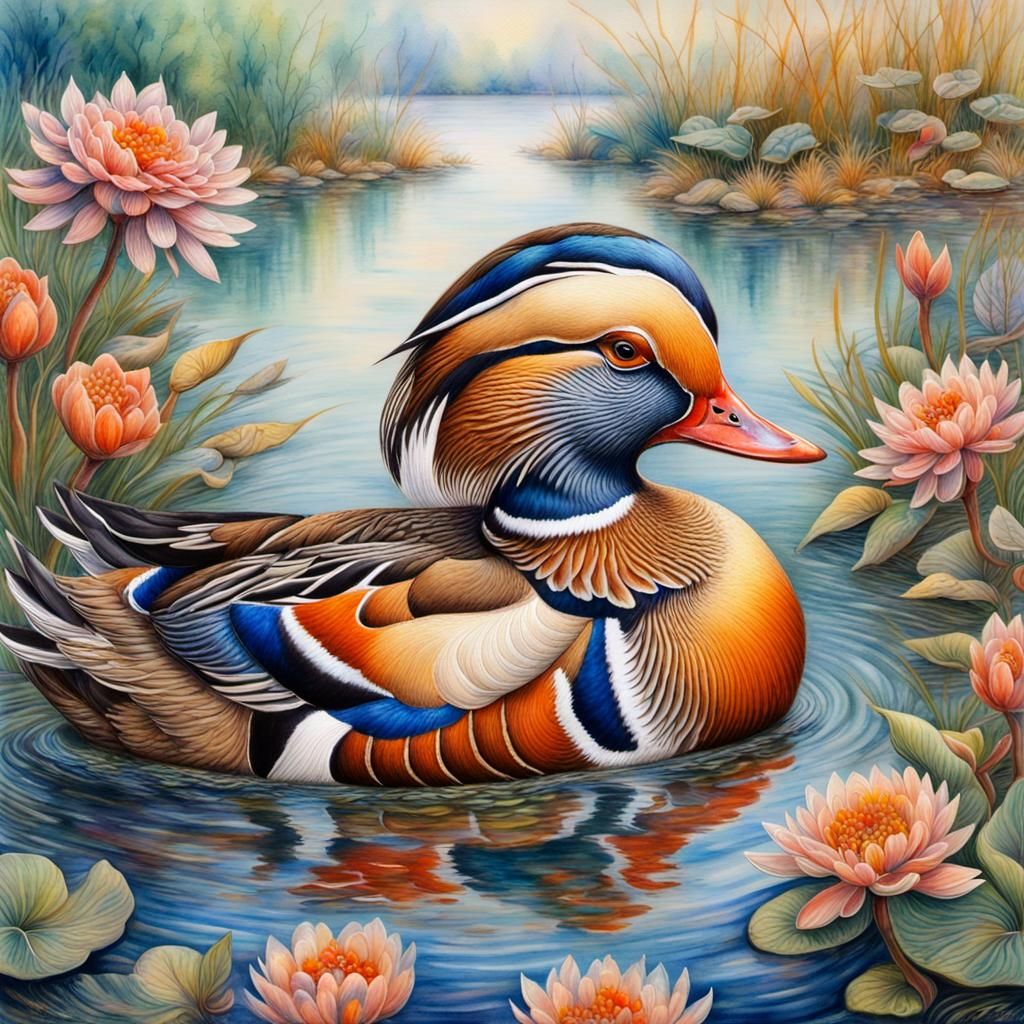 mandarin duck swims in the lake