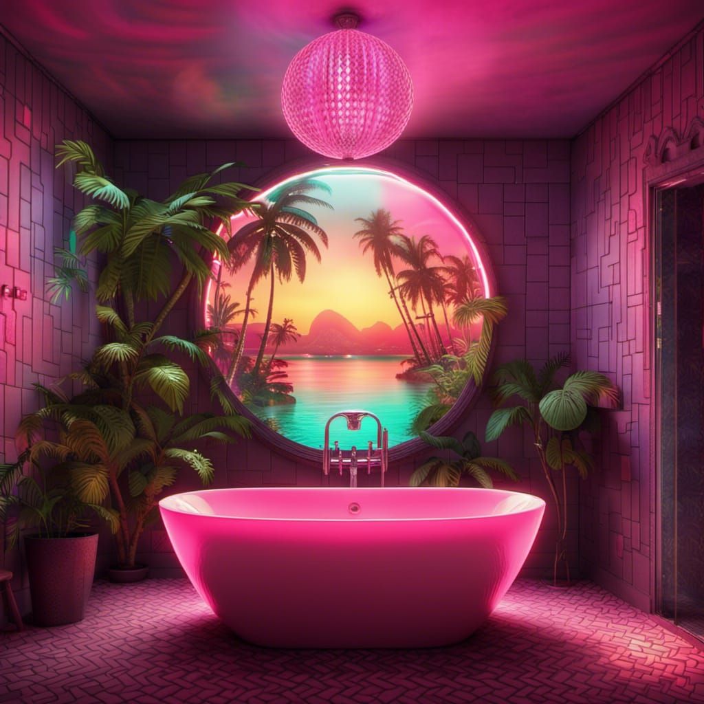vintage bathroom with neon lights 3d by zane mahler, in the style of tropical landscapes