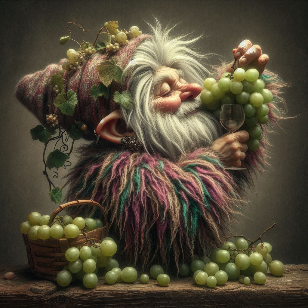 Glamorous gnome gracefully gathering green grapes