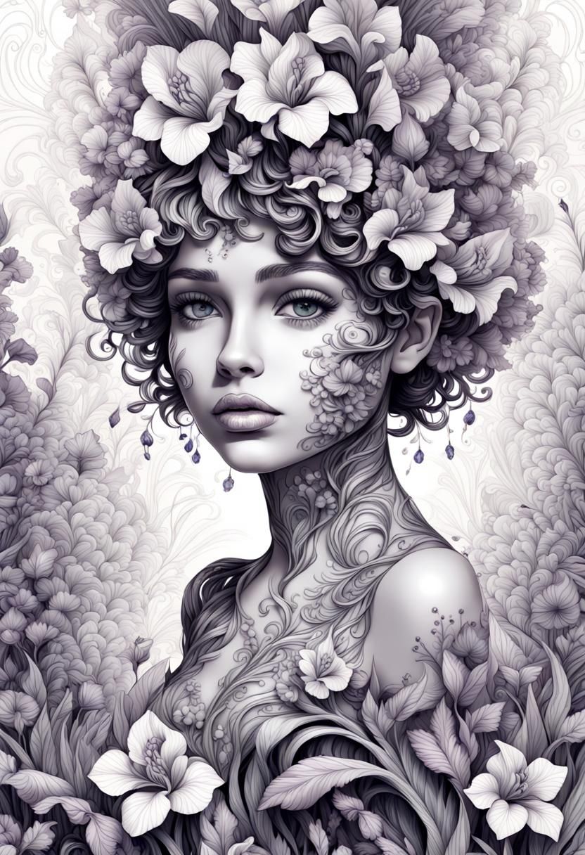 Intricately detailed beautiful young pixie girl face with irises made ...