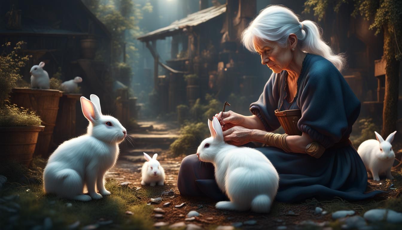 old lady with bunnies