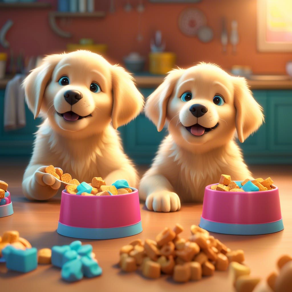 Golden Retriever Puppies Eating Treats: Pixar Style