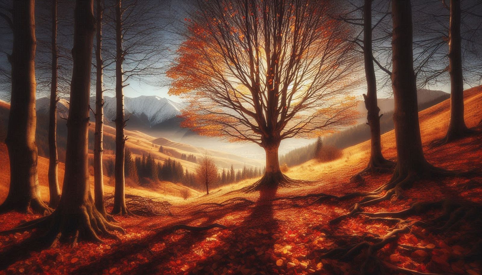 Autumnal season in the mountains, sunset