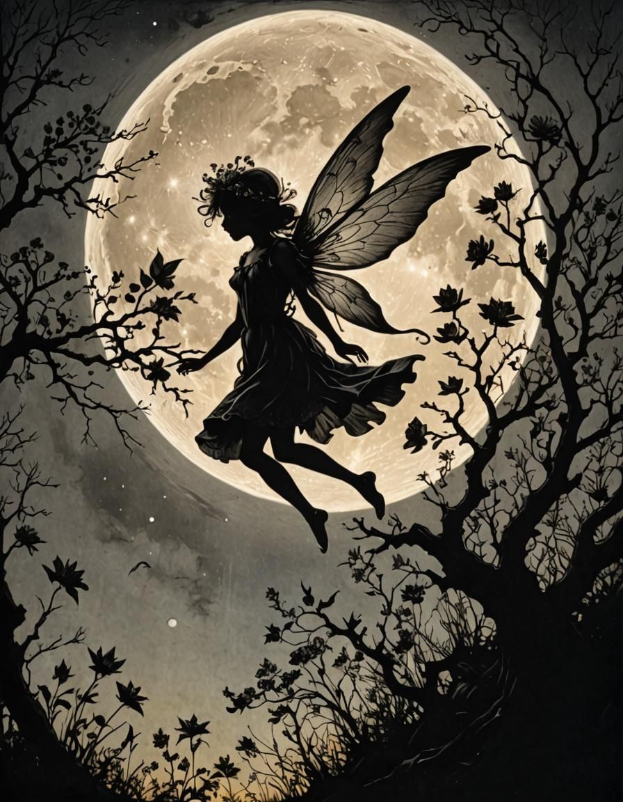 Black silhouette of a Spring Fairy backlit by Full Moon, Vin...