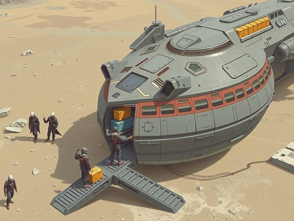 Realistic sci-fi starship sitting on a landing site being loaded with ...