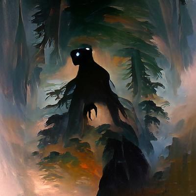 giant silhouette with glowing eyes looks down over a dark forest