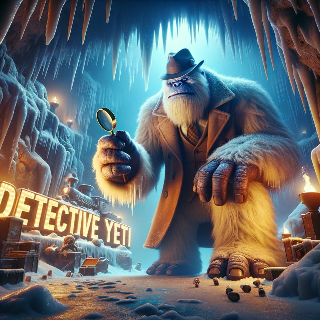 Detective Yeti bends down to look closer at a clue