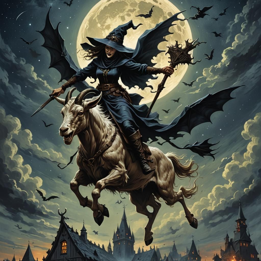 medieval witch flying on goat demon in night sky horror