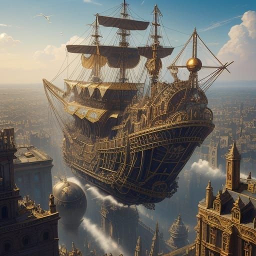 Steampunk Airship Over Victorian City as Digital Art