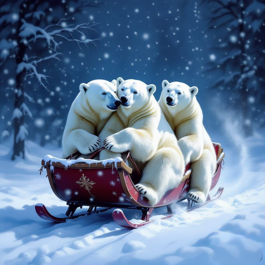 Polar Bears are riding on a sled during a heavy Swiss snowst...