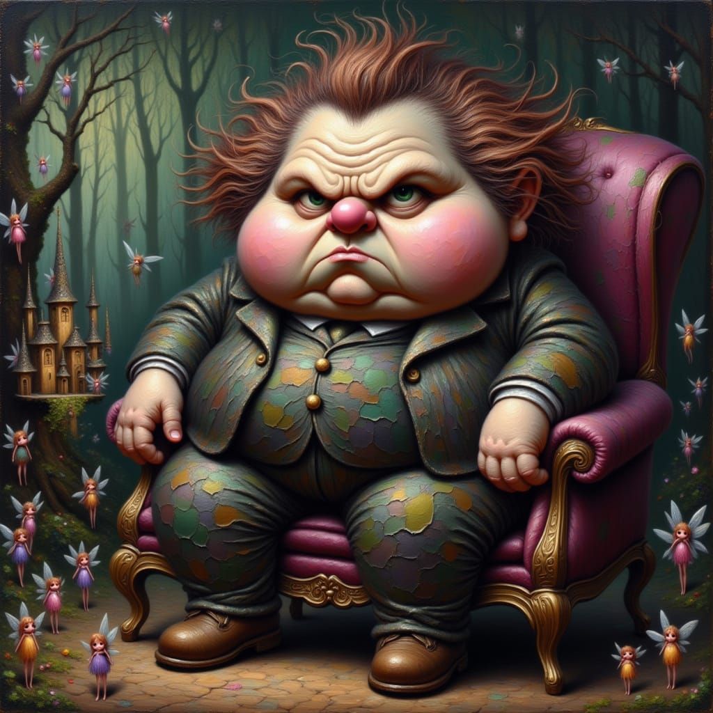 <lora:Kak-moodyfairy:1.0>Impasto painting, Moody, frown, chubby sinister clown wearing a dark patchwork suit, wrinkled face, sitting on a Vi...