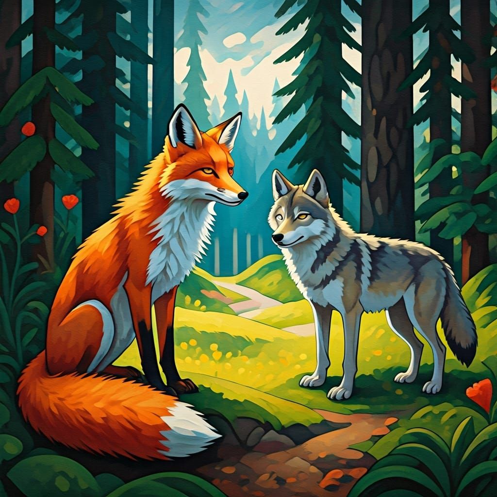 Fox and Wolf in Forest Landscape, Expressive Painting