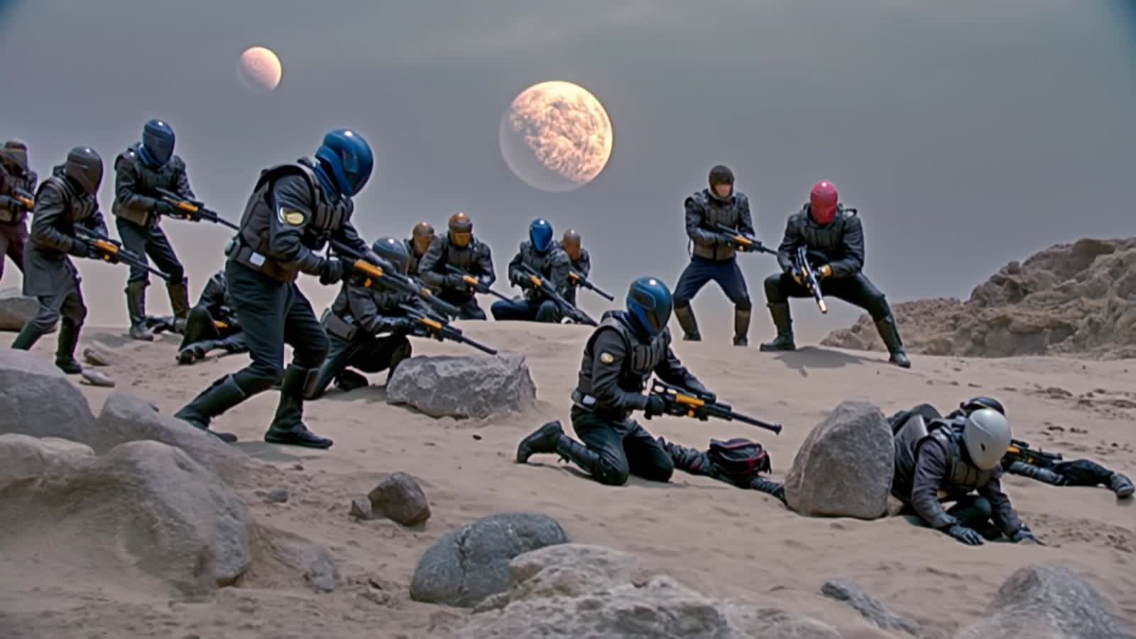 Ultra-futuristic sci-fi mercenaries hiding behind rocks on an alien planet with three eerie-colored moons. An army of al...