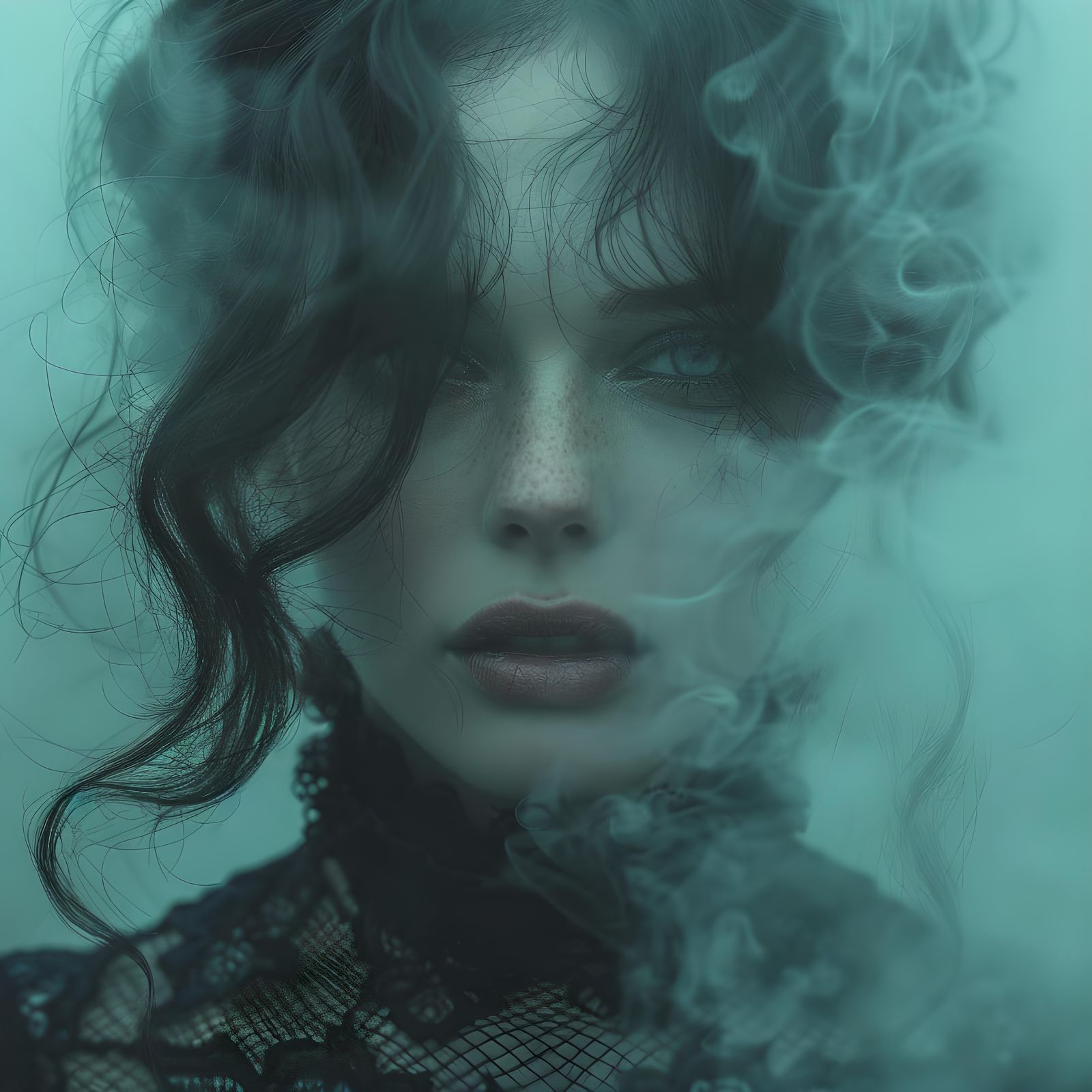 front facing Victorian gothic woman, in misty foggy air, in ...