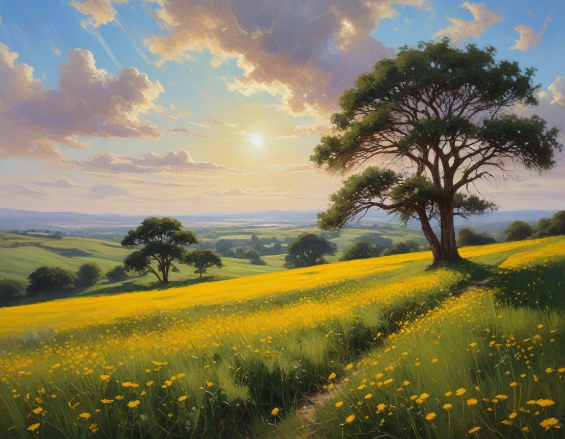 Serene hill landscape with a field with trees and dandelions in the foreground   by @Fokje