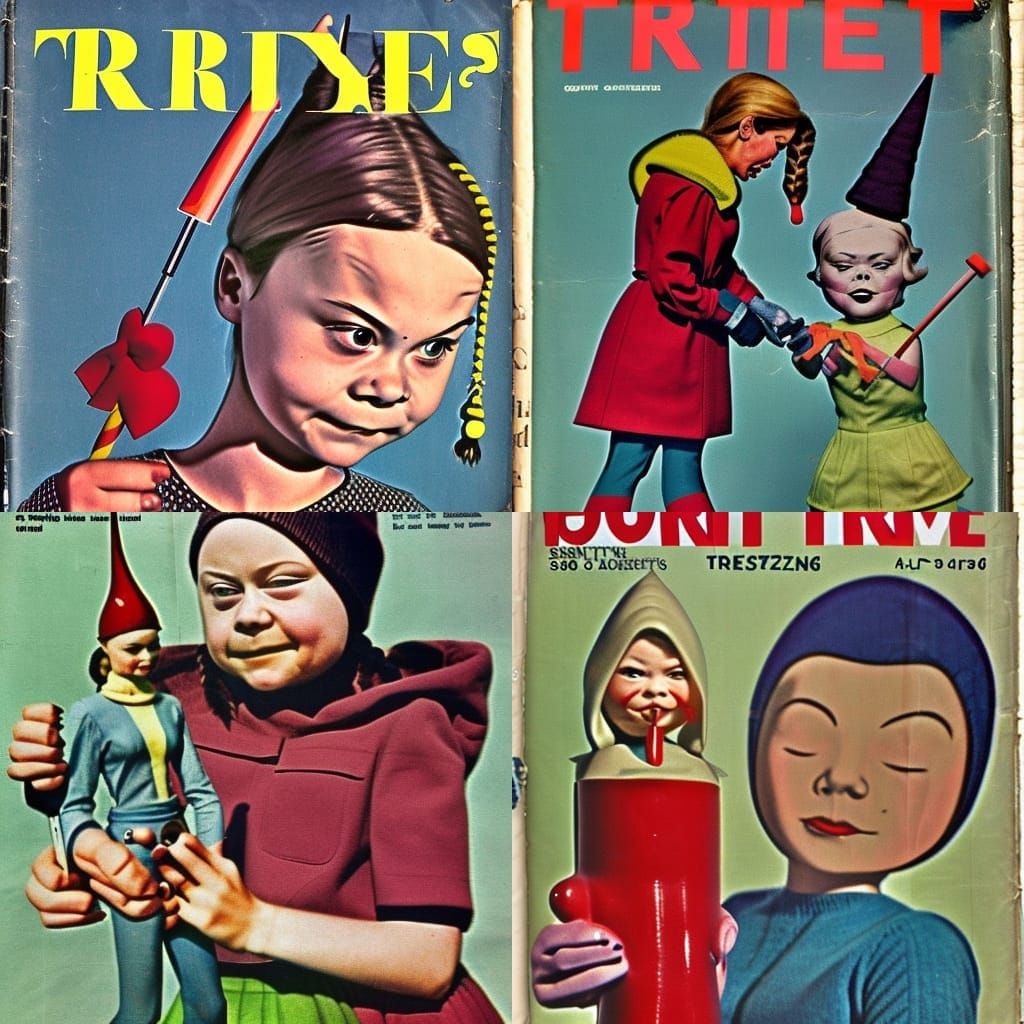 Greta Thunberg stabbing a gnome, 1960s fashion magazine cove...