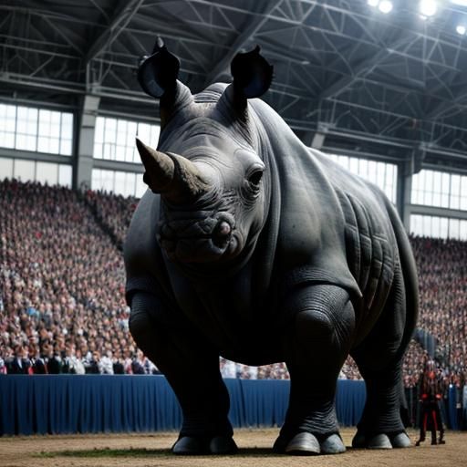 black rhino dressed as politician giving a campaign speech t...