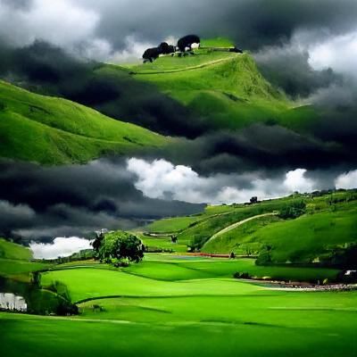Lush rolling green hills and  beautiful dark cloudy skies