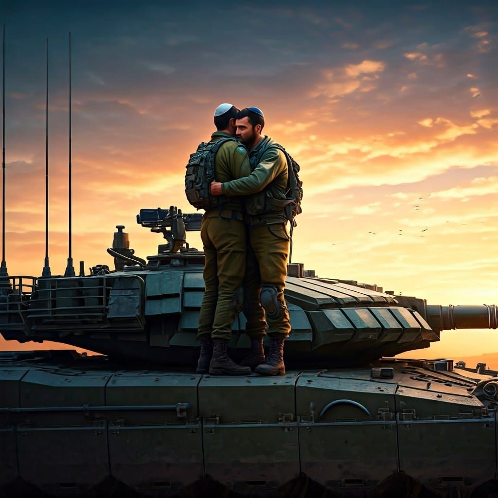 Israeli Soldiers Embrace on Tank at Sunset