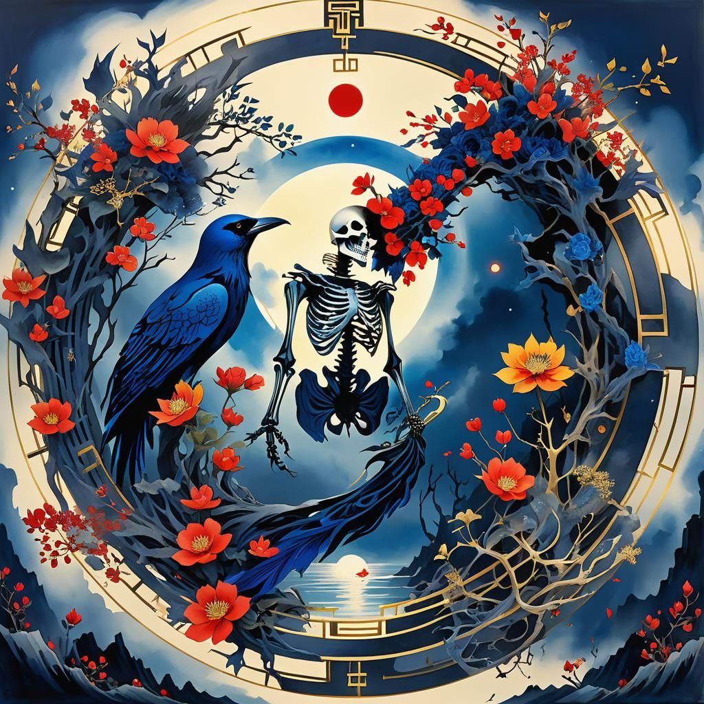 Chinese ink painting, mermaidpunk metalcore arcology moon po...