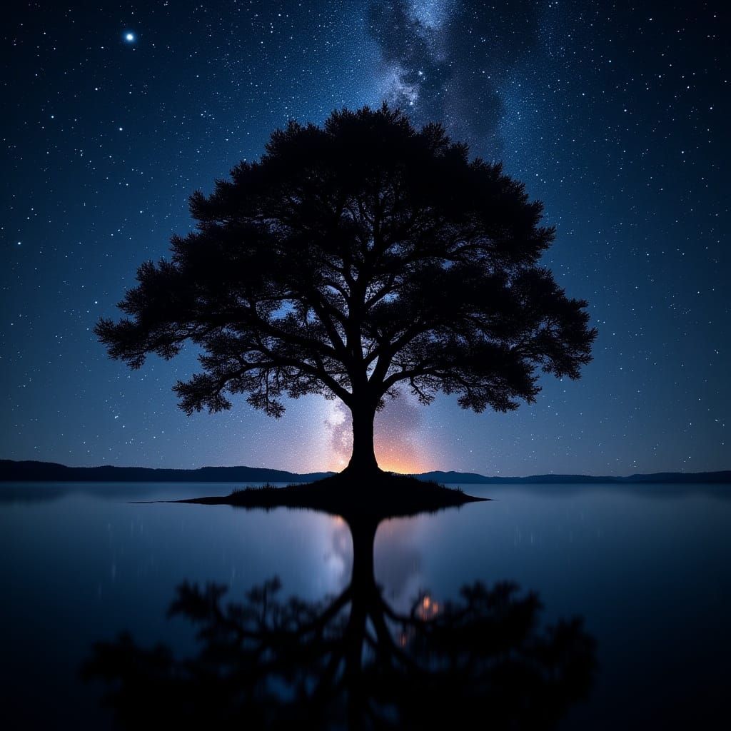  <lora:MJ6-1 DExposure:1.0> Double exposure photography, a tree silhouette+starry night sky