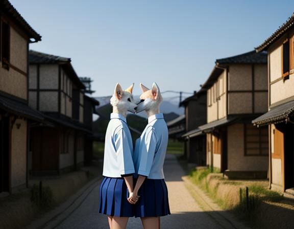 2 identical twin kitsune, wearing identical uniforms. Kissin...