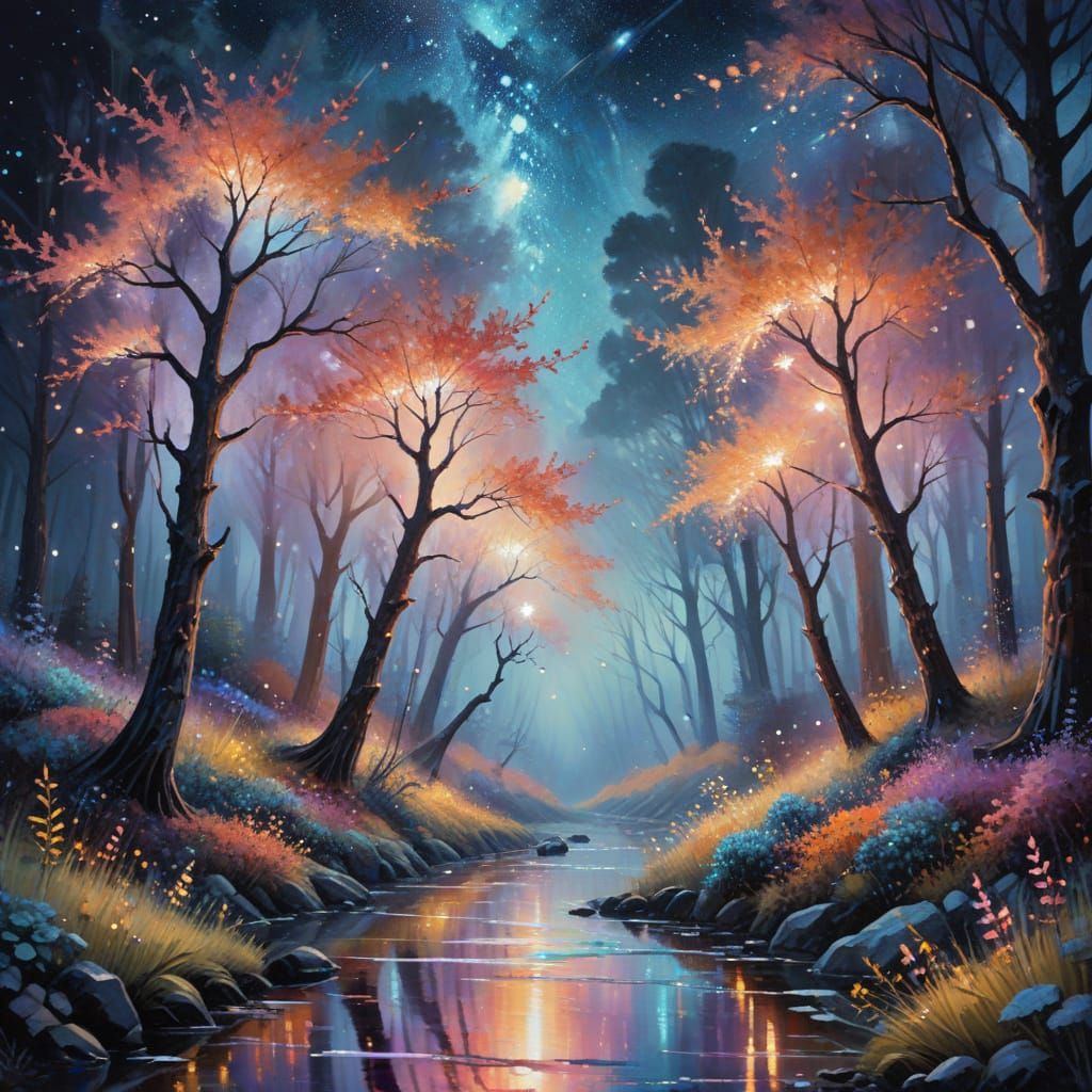 Crystal Trees Rising: An Impressionist Gouache Masterpiece