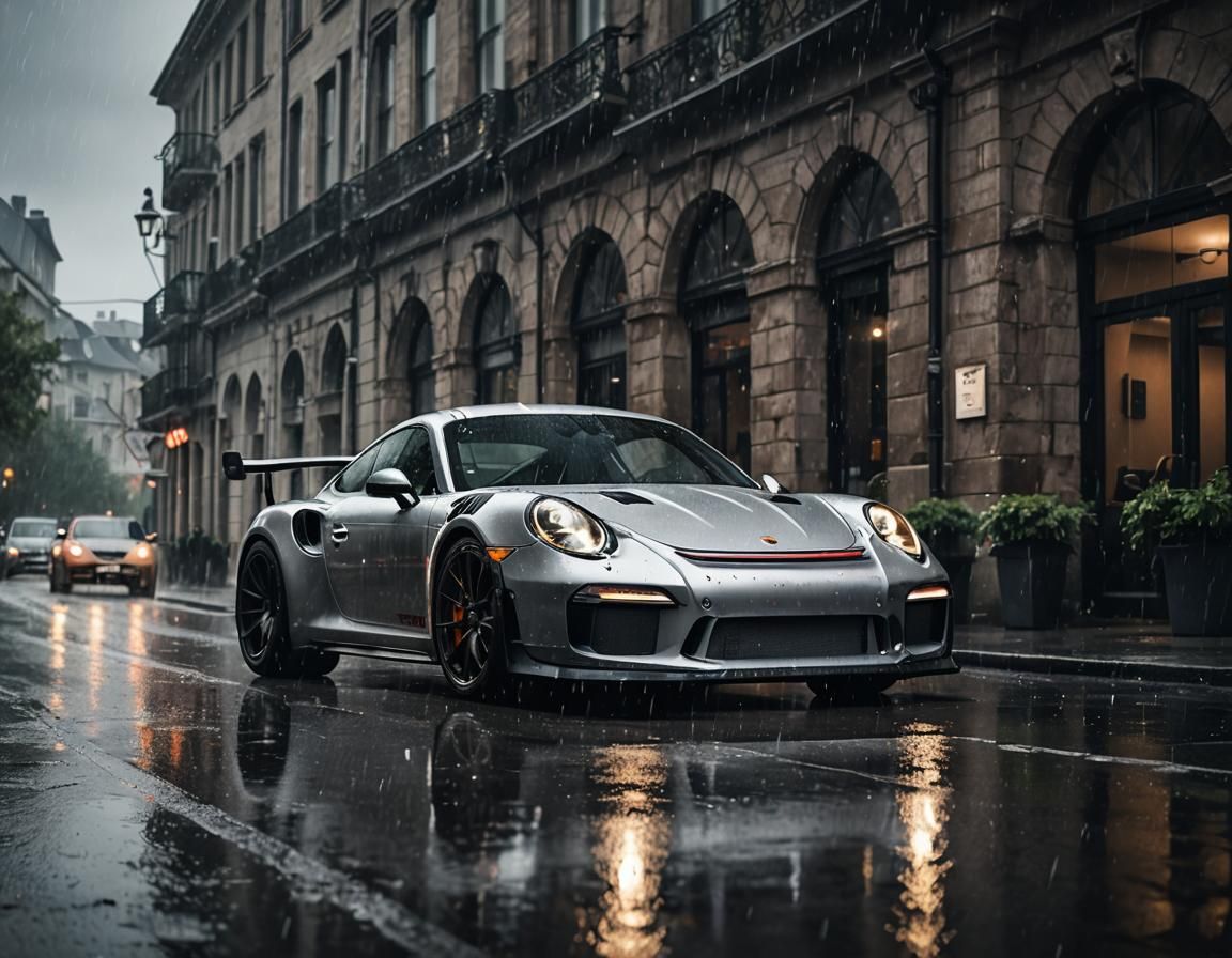 picture of a 911 gt3 rs, silver and black, raining, dramatic...