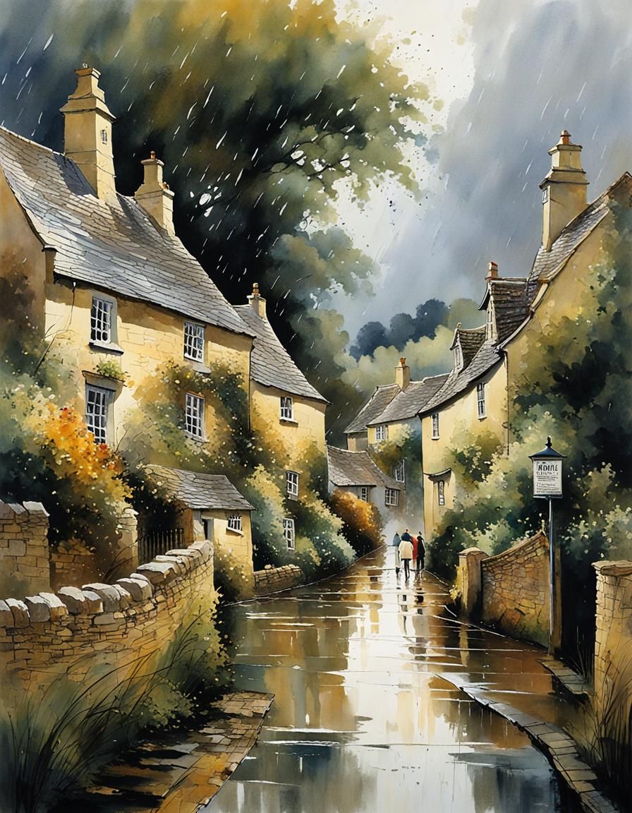 A rainstorm is brewing over a beautiful Cotswold village