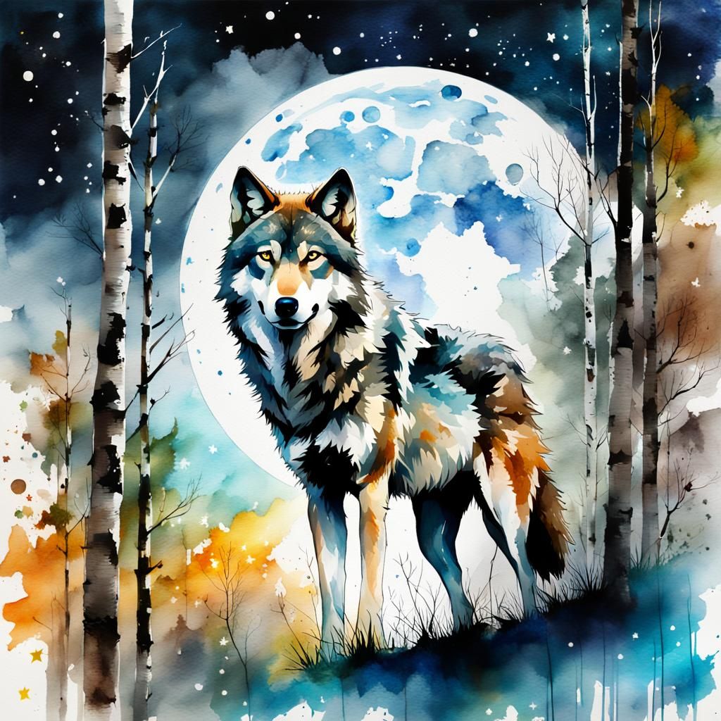 A gray wolf in a forest at night,  birch trees, stars, full ...
