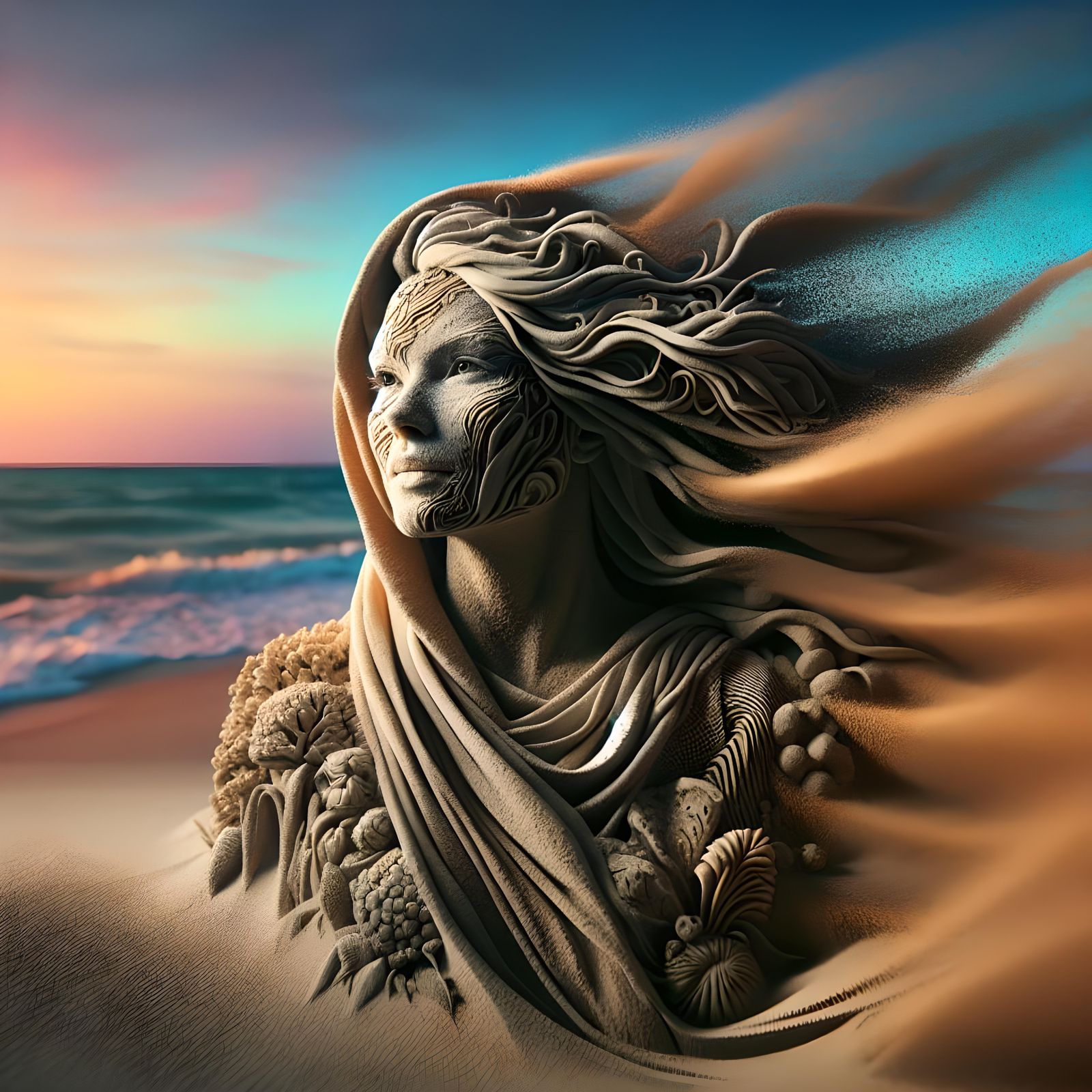 A beautiful woman made from sand wearing a flowing dress on ...