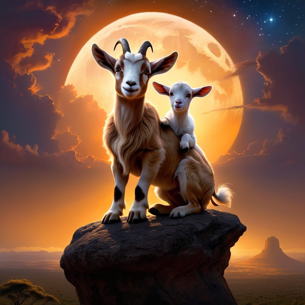 A baby Goat is sitting on the Lion King's back