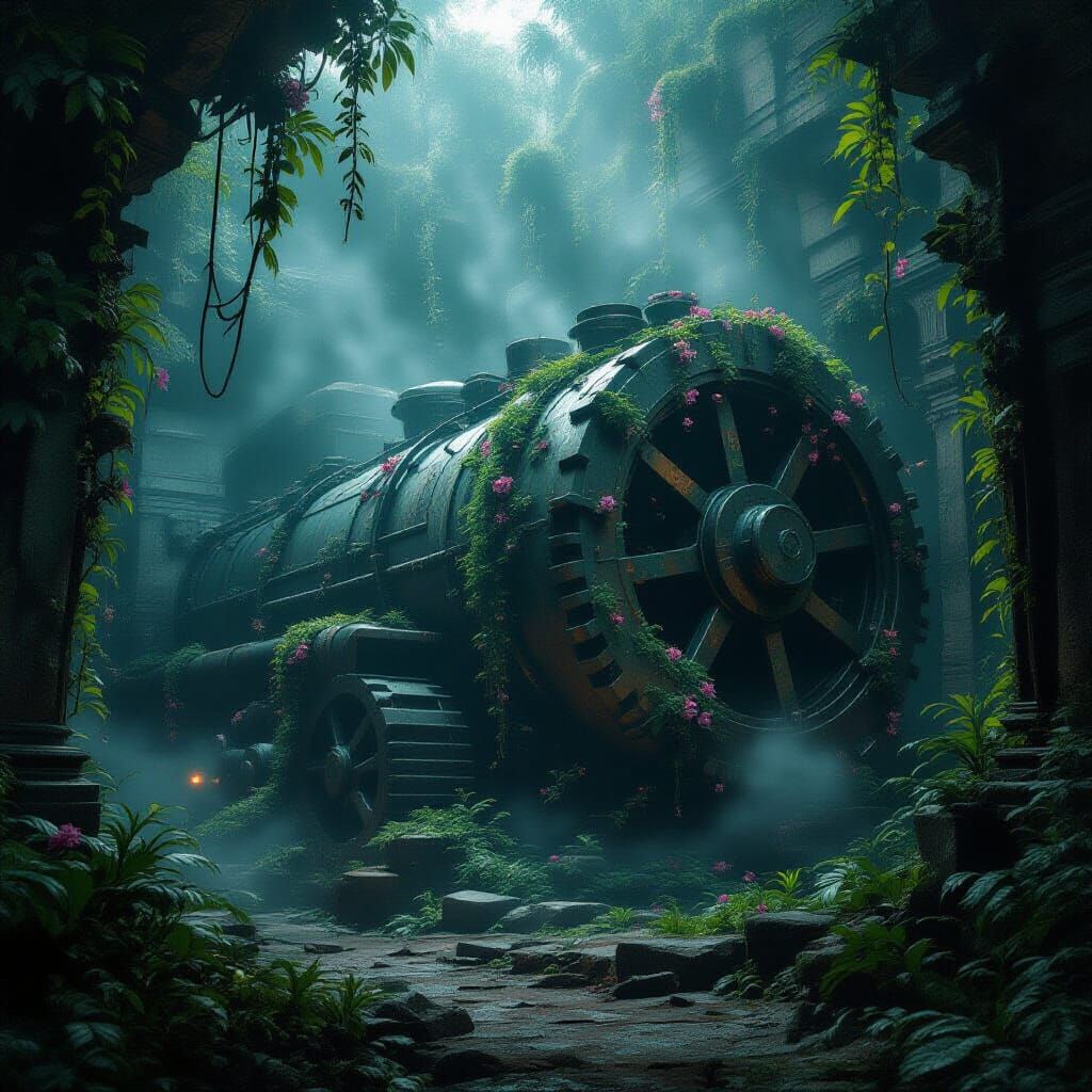 A colossal, ancient engine overgrown with bioluminescent flora, humming with latent energy deep within ...  by @KennaKay