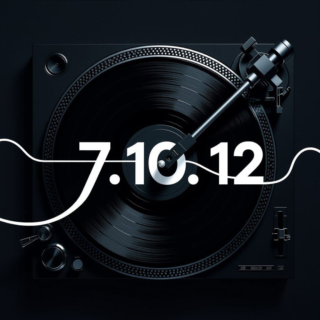 Dynamic brand symbol for "7.10.12" music shop. A minimalist vector logo showing a turntable tonearm and stylus from a top-down view. The sty...