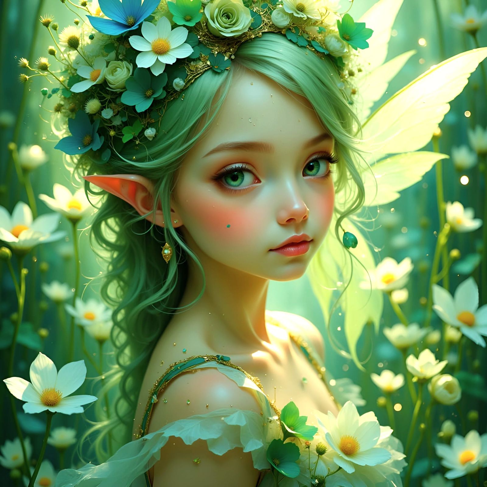 <lora:WhimsyLove:1.0><lora:MrsH Delicate Fae:1.0> <lora:Earth and rose:1.0> <lora:Akimora:1.0> Ethereal, Delicate Fae, Delicate, Muted green...