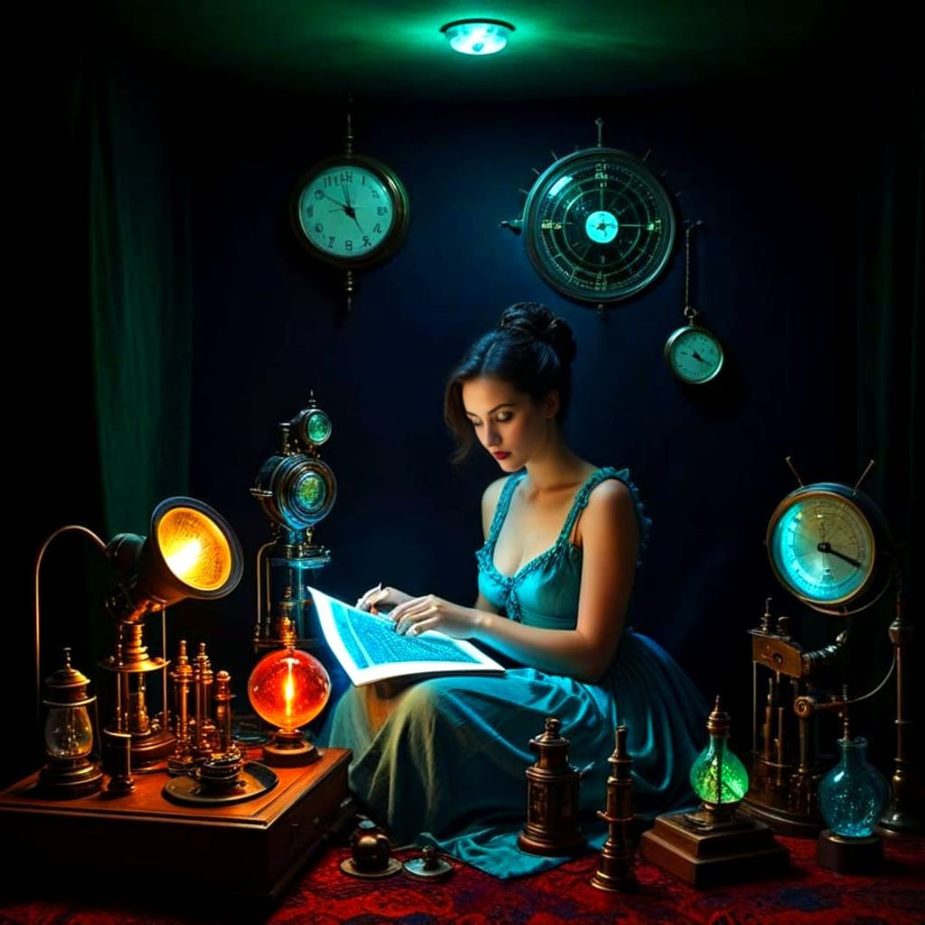 Eccentric Lady in a Whimsical Laboratory Scene