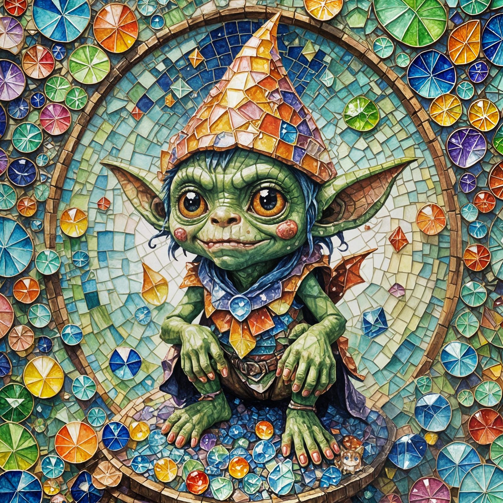 Colorful Crystal Mosaic of a Kawaii Goblin