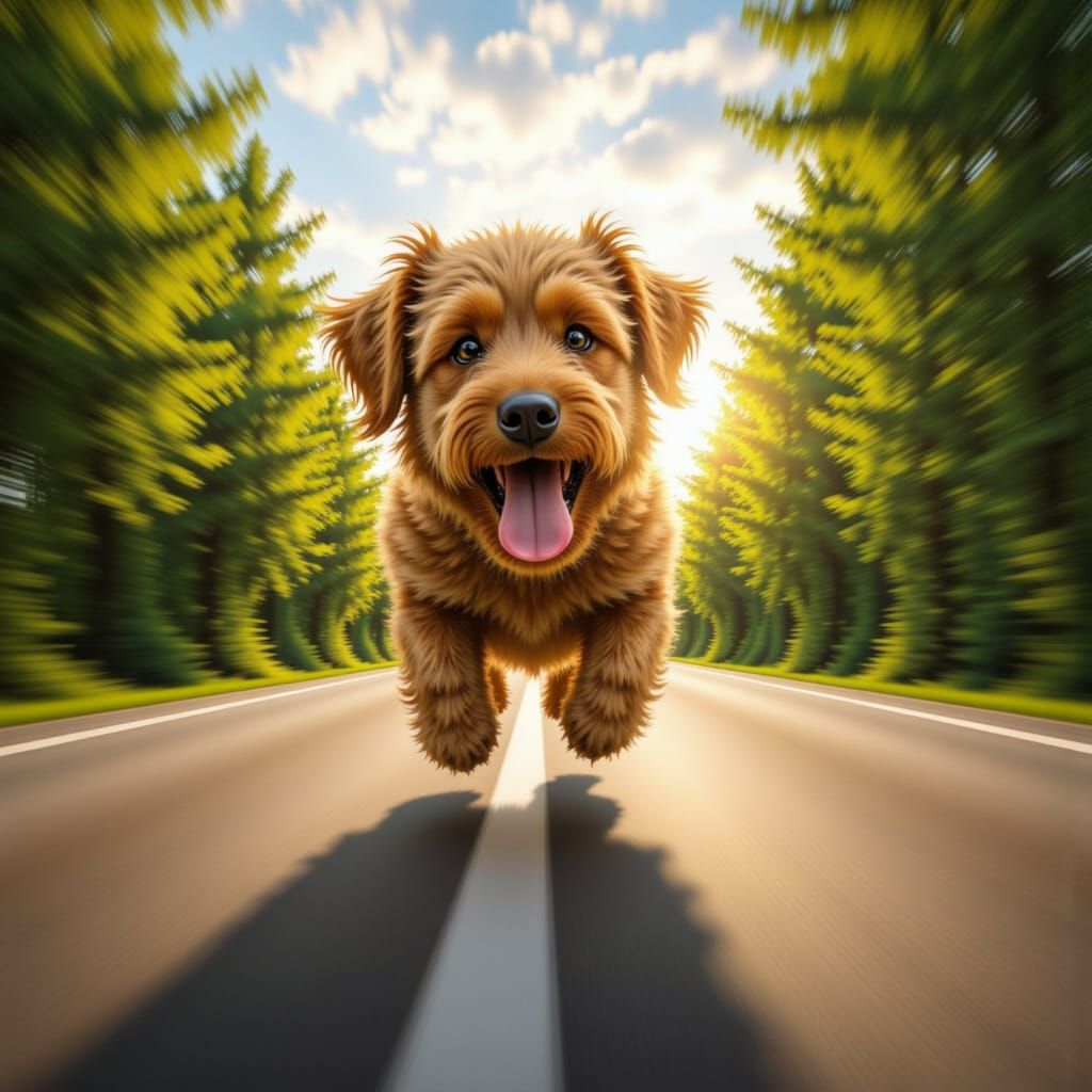 <lora:Motion Blur Speed:1.3>shaggy dog windy car ride motion blur tree lined road