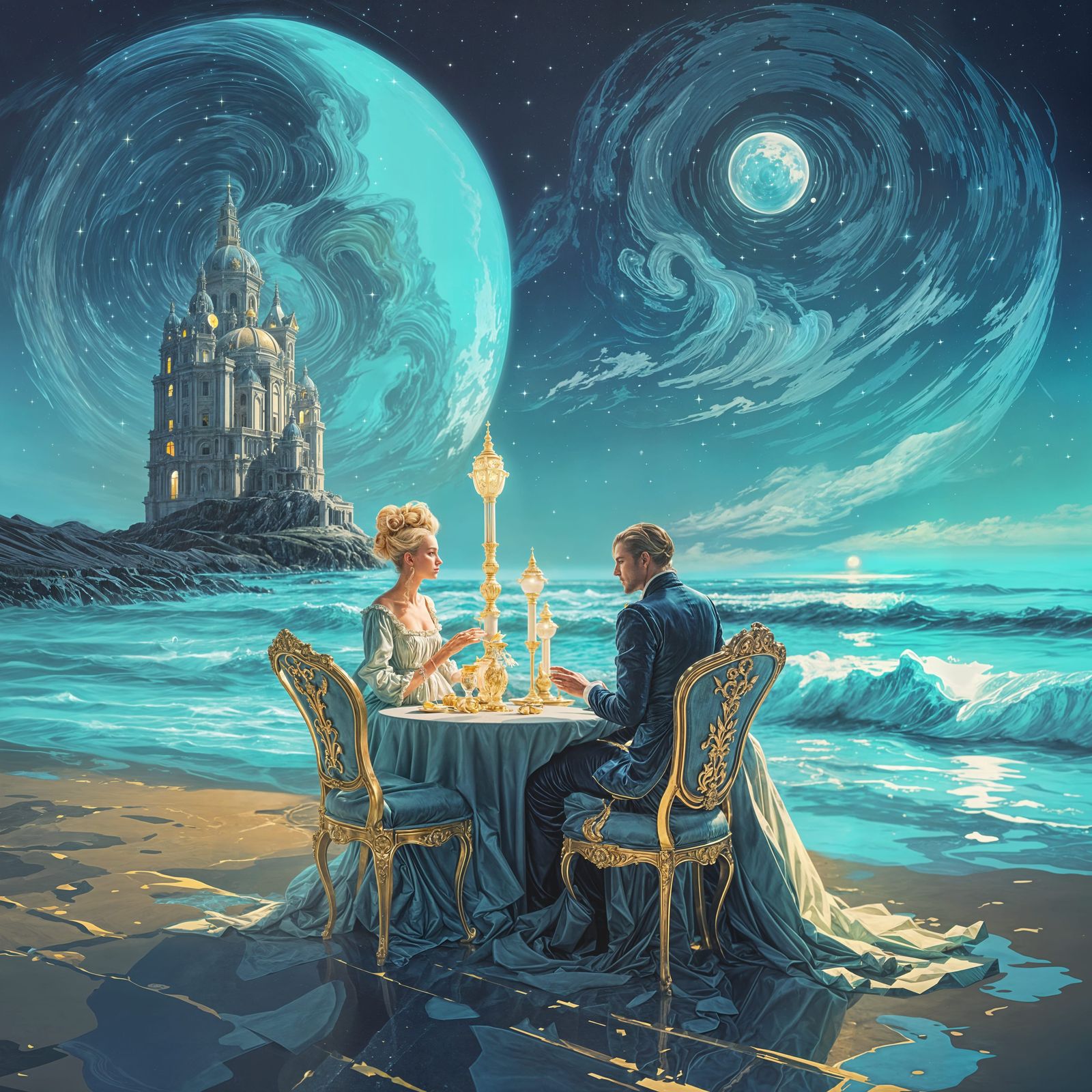 envision a bioluminescent beach party under a starlit sky, with Marie Antoinette as the DJ, spinning ...  by @Donediddydo