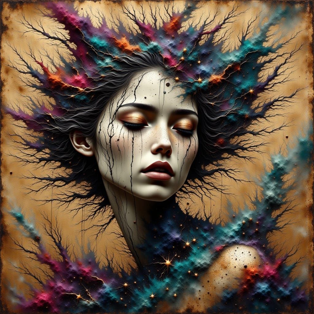 Surreal Woman's Face Composed of Maps and Stars