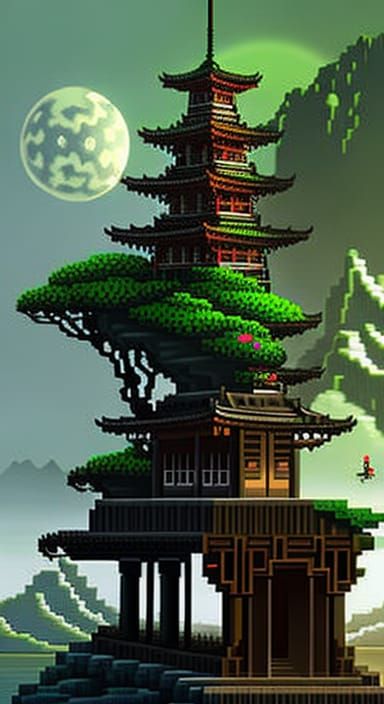 pixel art "tree pagode - evil moon"  by @Richard_D_Manheim