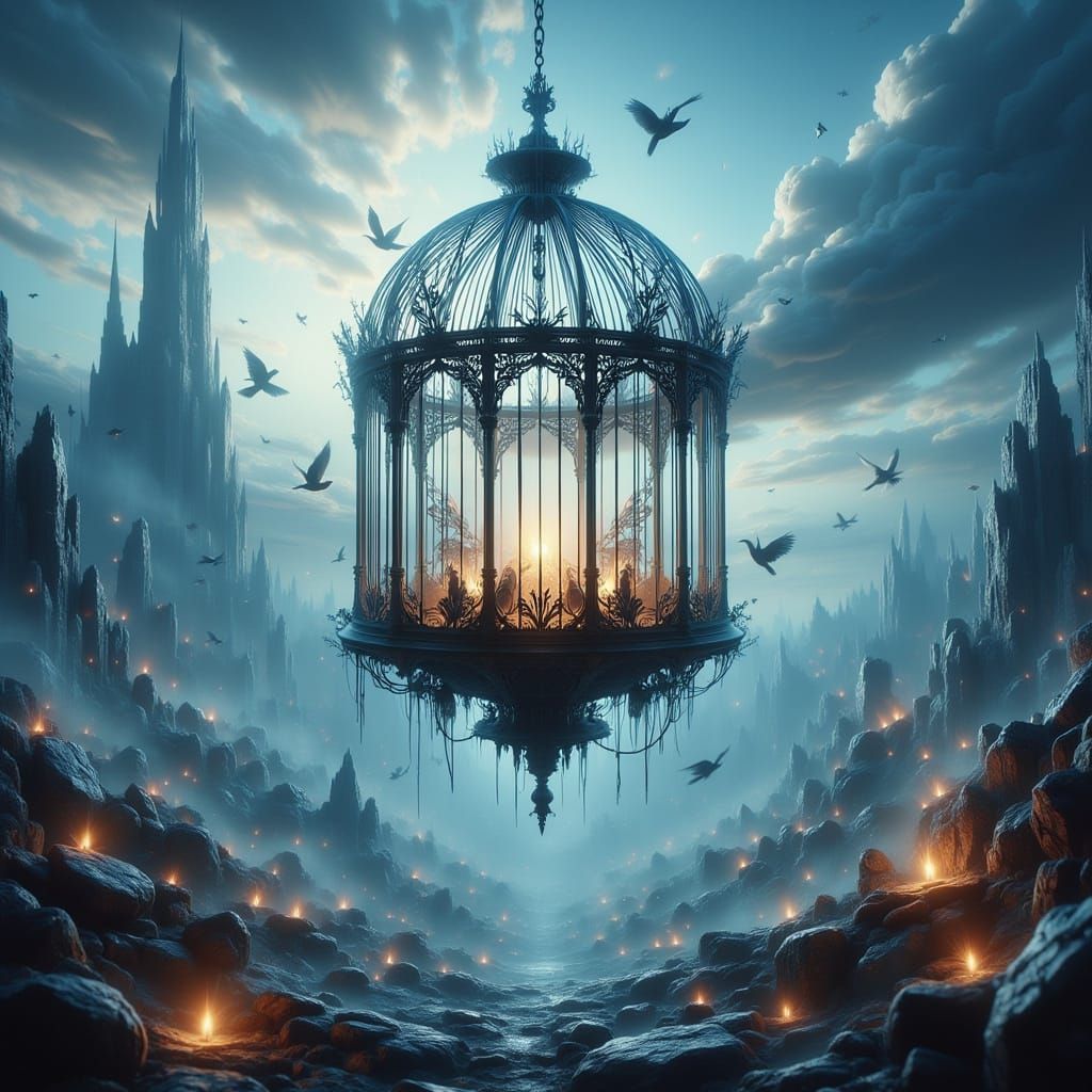 <lora:-Omnious-:1.0> A surreal floating birdcage in the middle of a dreamlike landscape  by @William Wallis