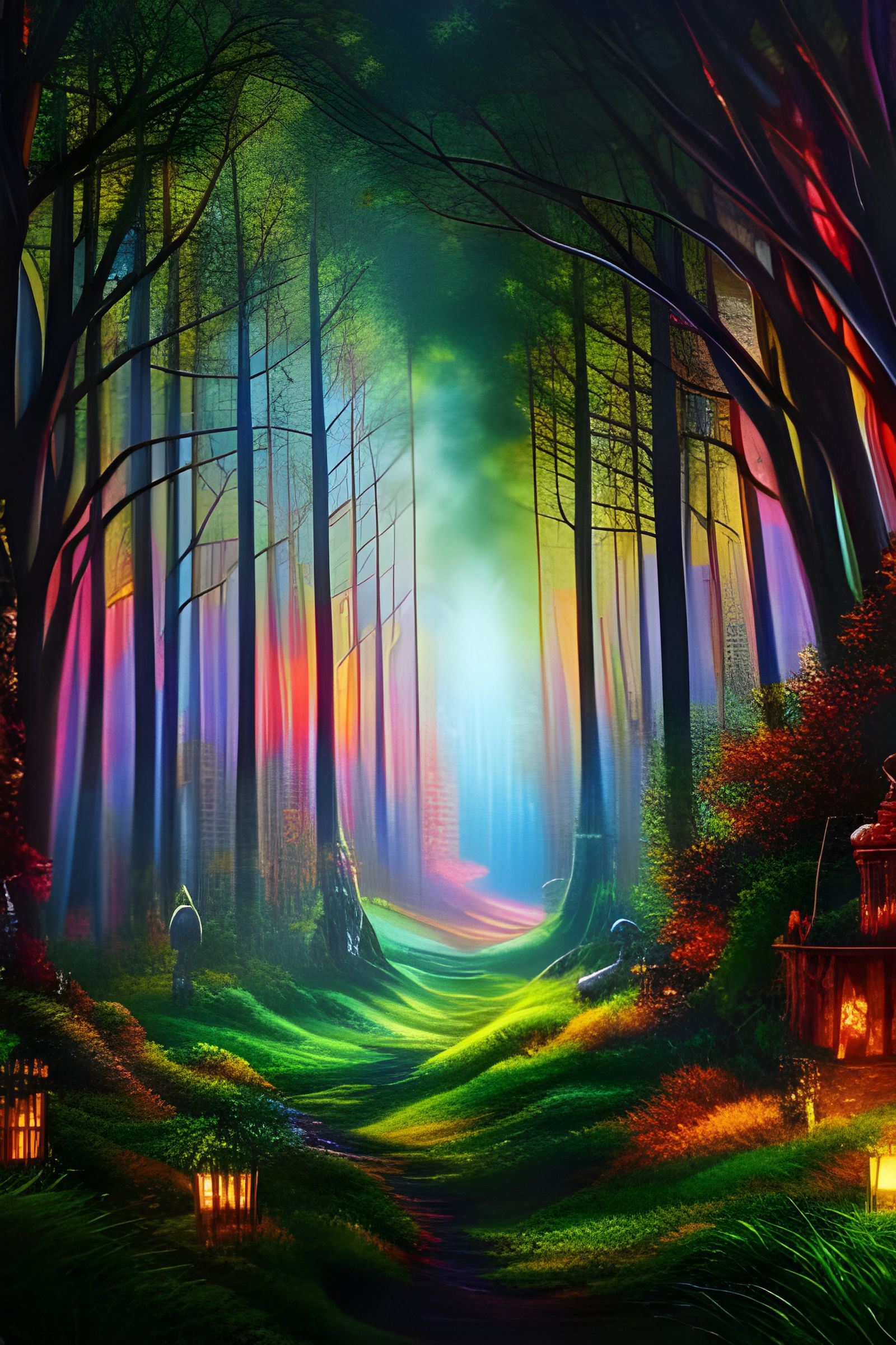 Dreamy Rainbow Colored Forest Trail - Digital AI Art #curioo...